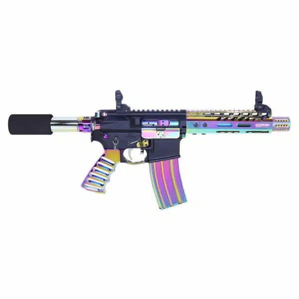 Iridescent rainbow tactical firearm with AR-style design, featuring colorful anodized metal components.