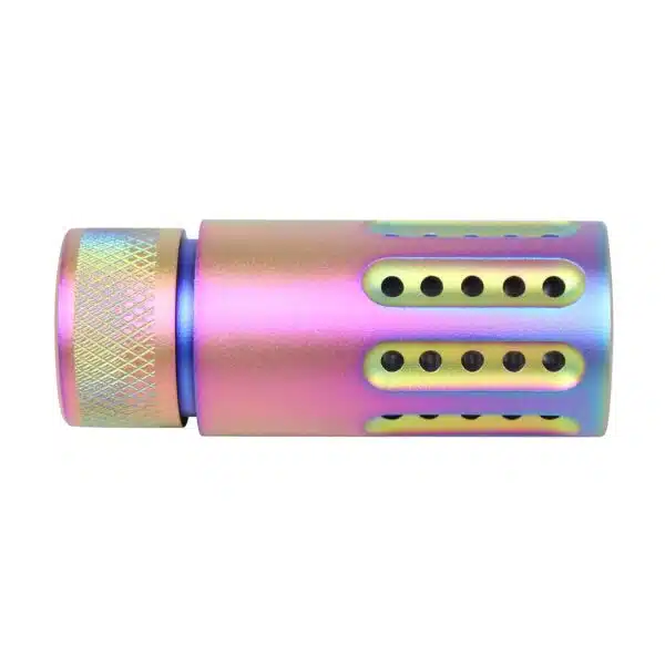 Iridescent cylindrical device with knurled grip and perforations on a white background.