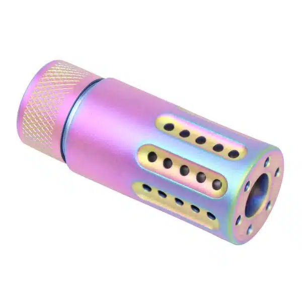 Iridescent muzzle brake with pink, purple, blue hues, turquoise band, gold insets, precision design.