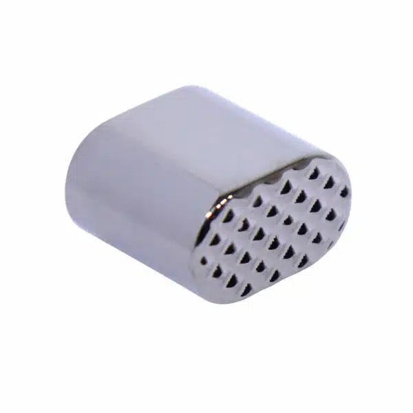Cylindrical stainless steel component with a perforated honeycomb end, possibly a filter or diffuser.