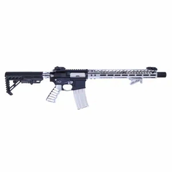 Modern semi-automatic rifle with silver handguard, adjustable stock, and rail for accessories.