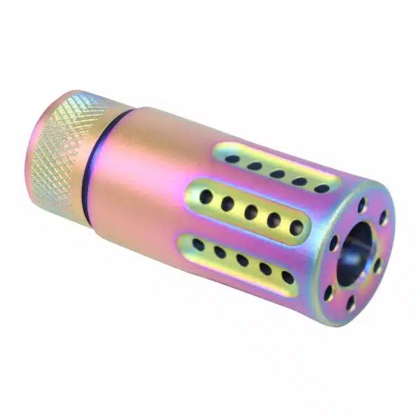 Iridescent AR-15 muzzle device with ported brake, rainbow finish, reduces recoil.