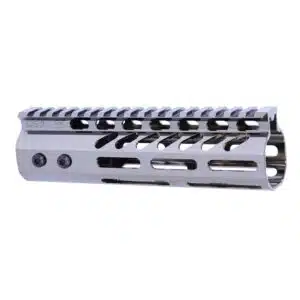 Silver tactical handguard with Picatinny rail and M-LOK slots for modern rifles.