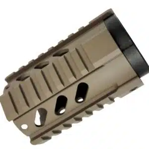 Tan FDE tactical handguard with Picatinny rails, aluminum construction, ventilation slots, and accessory mounts.