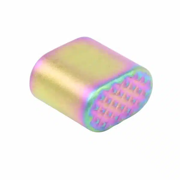 Iridescent anodized cylinder with honeycomb grid, gold-pink hues, precise filter component.