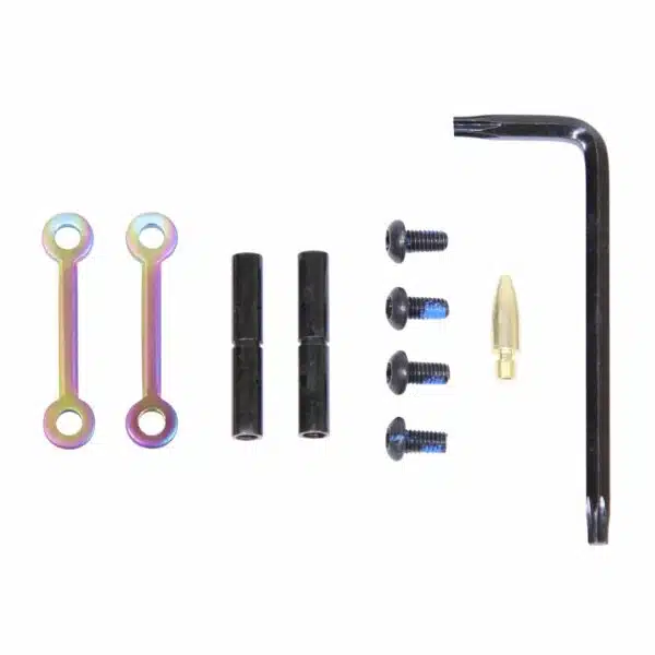 Colorful hardware kit with iridescent connectors, black spacers, blue screws, and tools.
