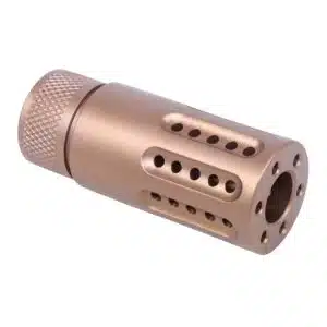 Bronze AR-15 muzzle brake with knurled grip, CNC ports for recoil reduction, anodized finish.