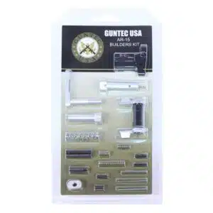 AR-15 Builders Kit with Clear Anodized Finish parts in blister packaging