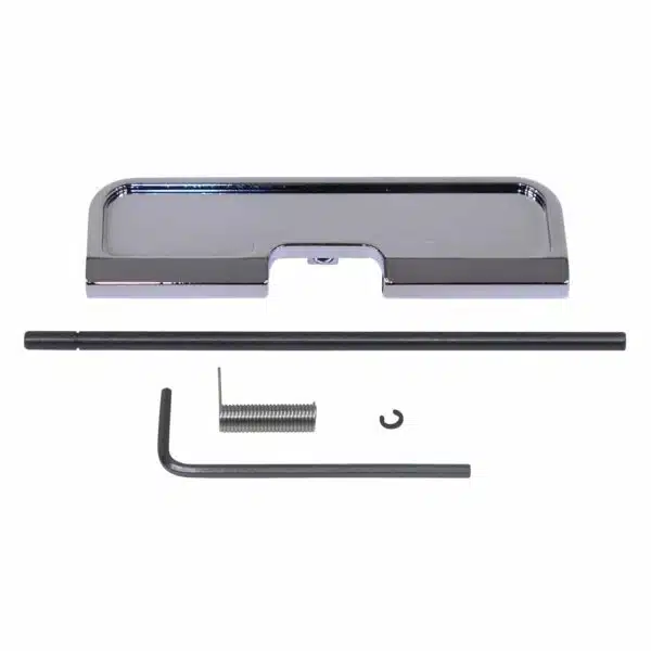 Black chrome AR-15 dust cover kit with polished finish and installation tools on white background.