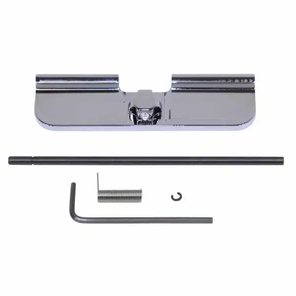 Chrome AR-15 dust cover kit with tools and hardware for firearm customization.