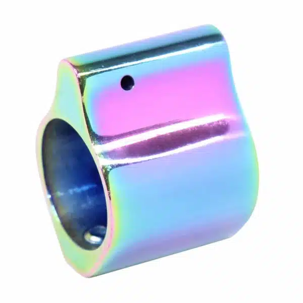 Rainbow PVD coated AR-15 gas block with precision machining and iridescent colors.