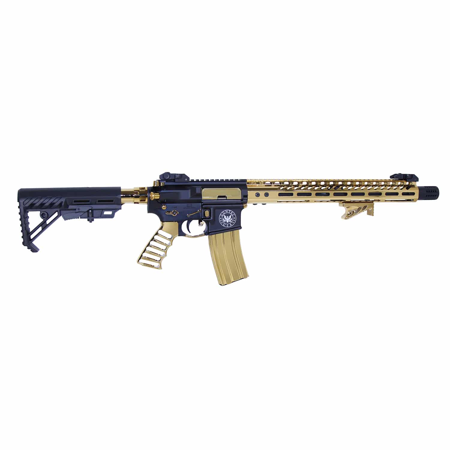 Gold plated AR-15 Ultralight Series furniture set with matte black stock and pistol grip