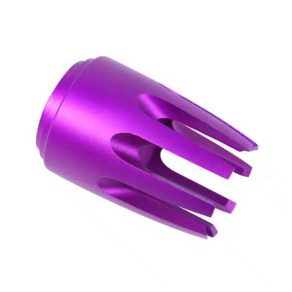 Purple metallic muzzle device with prongs, anodized finish; personalized AR-15 accessory.