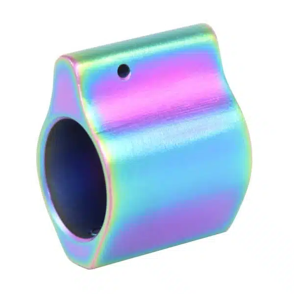 Vibrant AR-15 gas block with rainbow PVD finish, precision-machined, showcasing functionality and style.