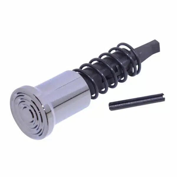 Shiny muffler part with perforated cap, wrapped in coil spring for vibration control.