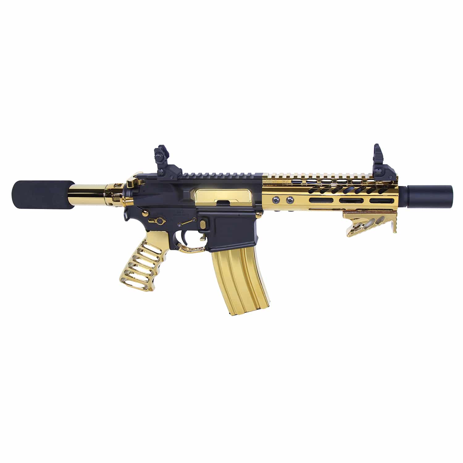 Gold plated 7 inch M-LOK free floating handguard with monolithic top rail installed on an AR-15 upper receiver