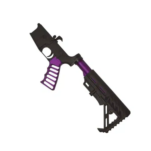 Custom black firearm lower receiver with purple accents and textured grip.