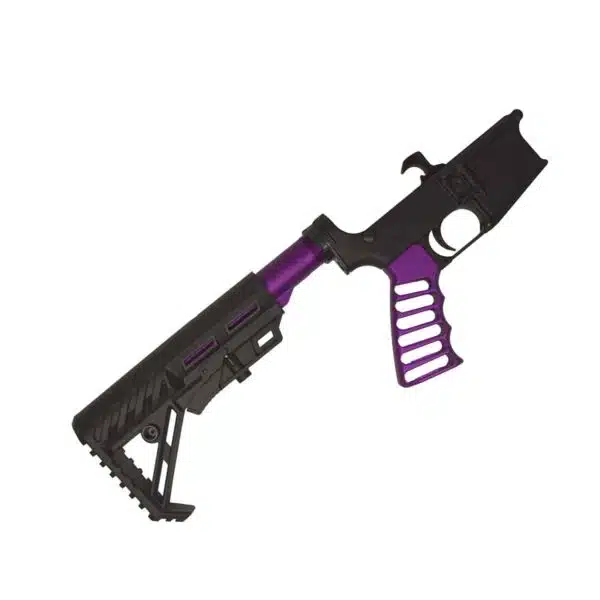 Black and Purple AR Rifle Lower Receiver with Ribbed Grip and Collapsible Stock.