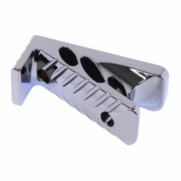 Polished chrome Tune-O-Matic guitar bridge with adjustable saddles and ergonomic contours.