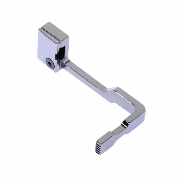 Polished chrome mechanical component with cubic base and L-shaped rod for precision engineering applications.