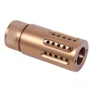 Copper-tone muzzle brake with precision ports, reducing recoil for better firearm control.