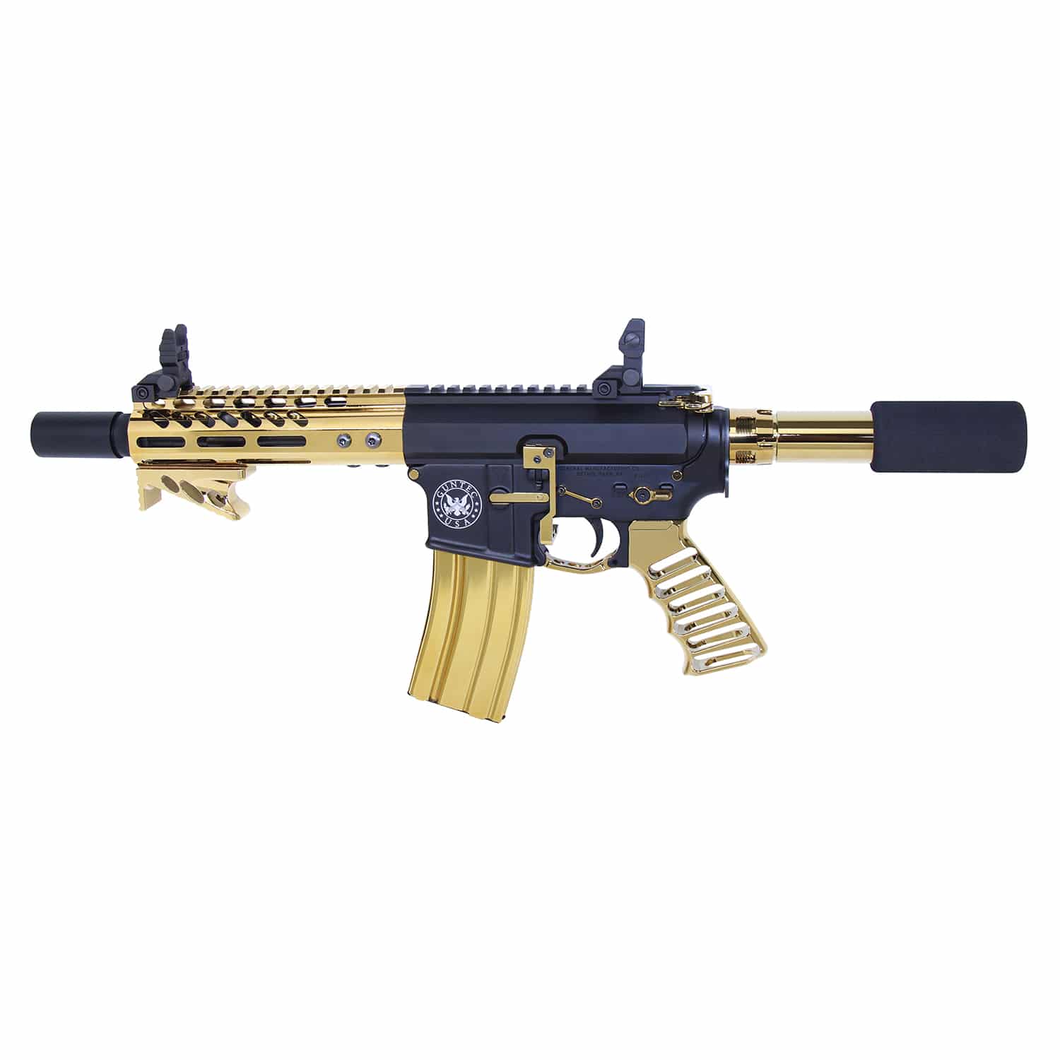 Gold and black AR-15 lower receiver with extended bolt catch release, gold handguard, and gold magazine