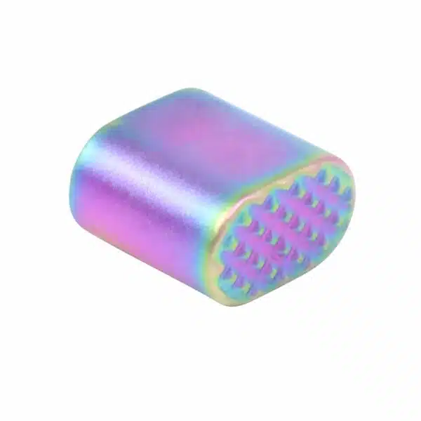 Iridescent metal cylinder with grid holes, ideal for engineering uses like bearings or spacers.