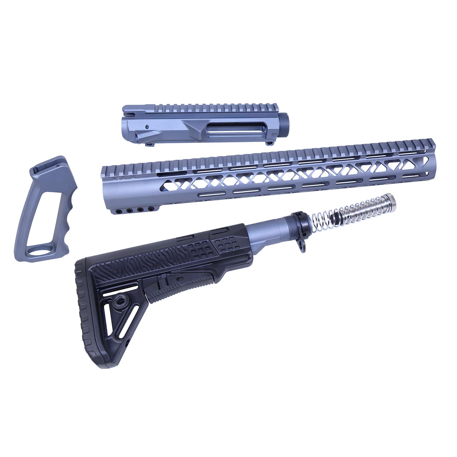 Complete AR .308 furniture set with upper receiver, all in matching anodized grey.