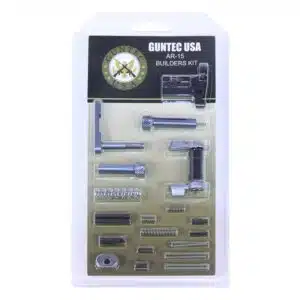 AR-15 builders kit with grey anodized finish, featuring an ambi safety and assorted pins, springs, and levers in packaging.