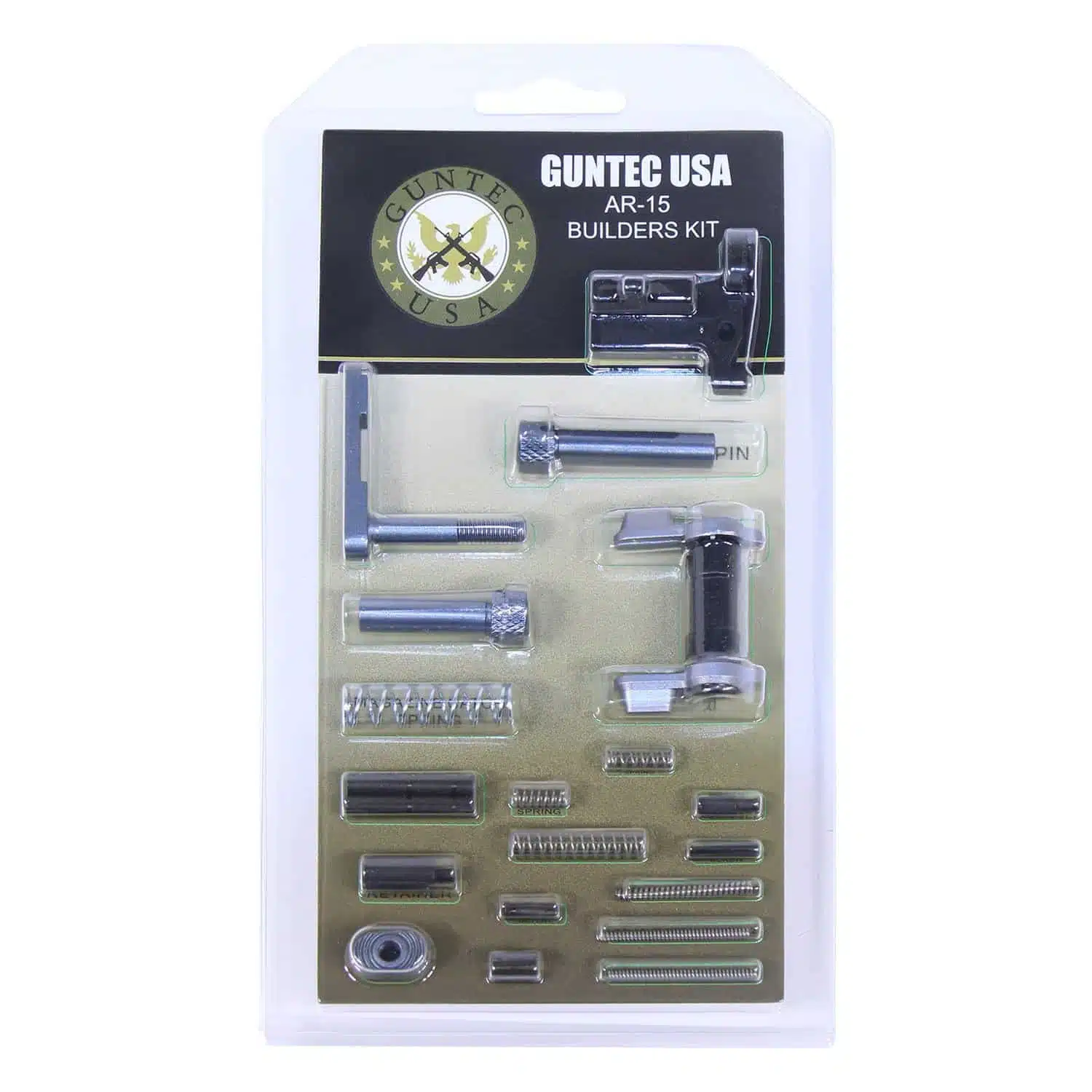 AR-15 builders kit with grey anodized finish, featuring an ambi safety and assorted pins, springs, and levers in packaging.