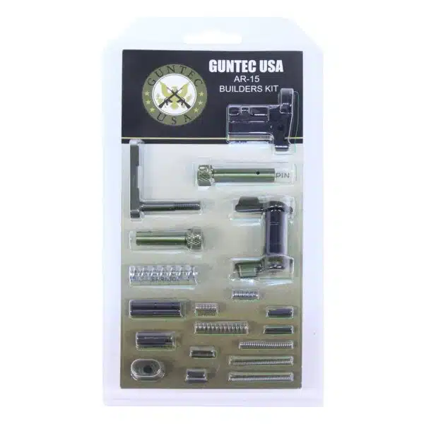 Guntec USA AR-15 kit with anodized green parts for firearm assembly or customization.