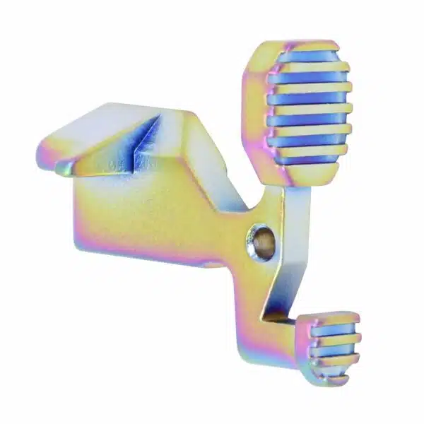 Rainbow iridescent sewing machine presser foot with gripping teeth and needle opening.