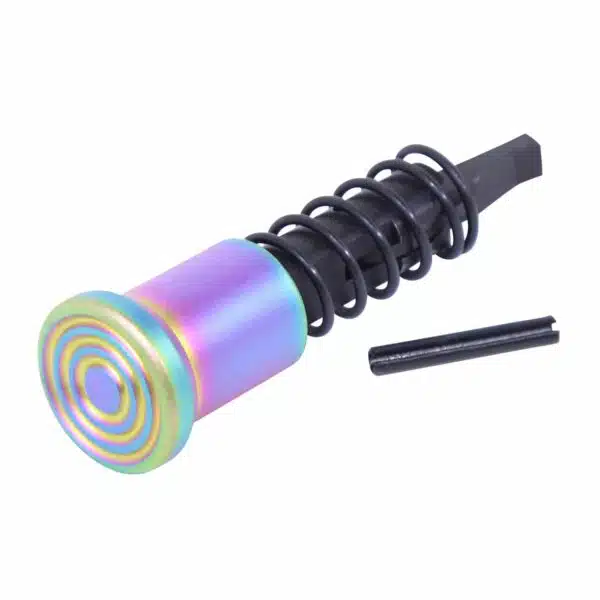 Neo-chrome shift knob with coil spring design, rainbow hues, and black mounting base.