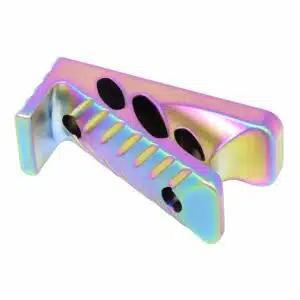 Iridescent M-LOK angle grip with rainbow PVD finish, precision-machined for performance.