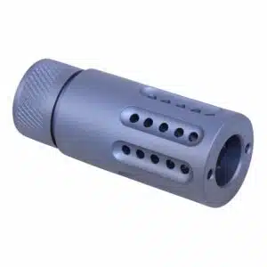 Anodized grey muzzle brake for recoil reduction, with ported design and knurled end for grip.