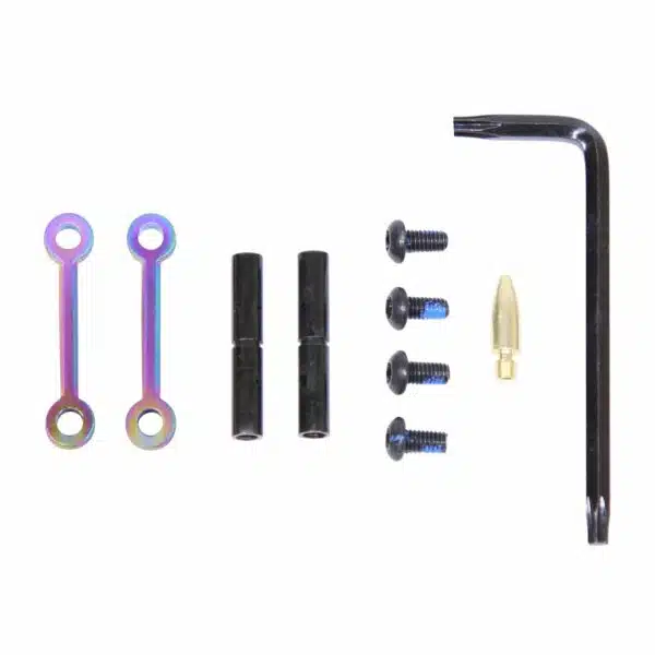 Precision hardware kit featuring anodized rods, spacers, screws, nozzle, and hex key for mechanical assembly.
