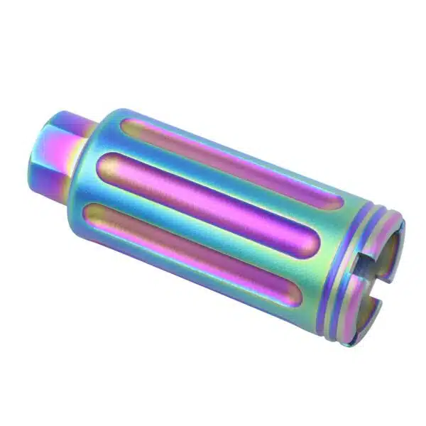 Colorful metallic cylindrical device with slots, featuring an iridescent finish shifting from blue to teal.