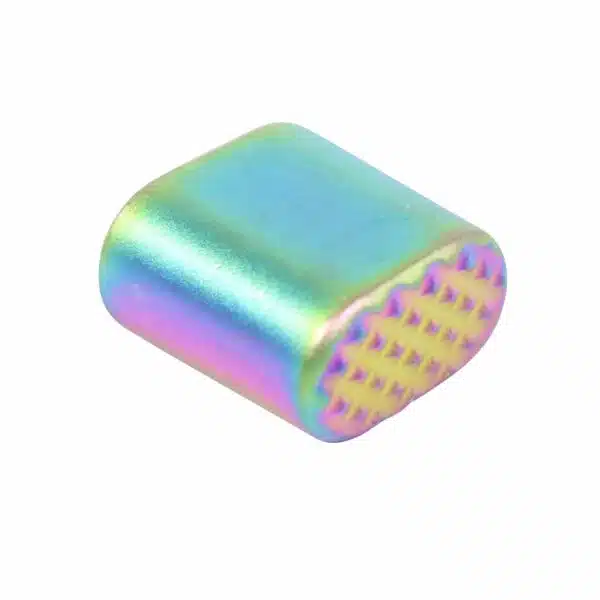 Iridescent cylinder with rainbow hues and textured pink-purple spiked end on white background.