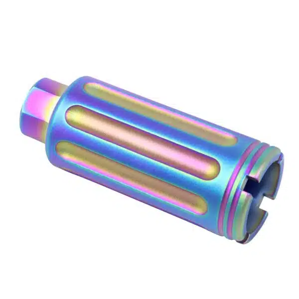Iridescent rainbow muzzle brake with ports for recoil reduction and stylish firearm customization.