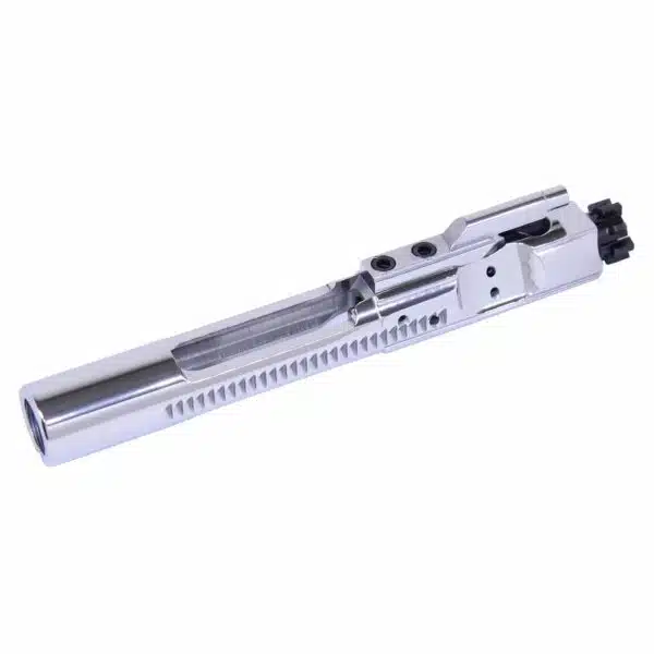 High-quality metallic slide assembly for a semi-automatic pistol with polished finish and grip serrations.