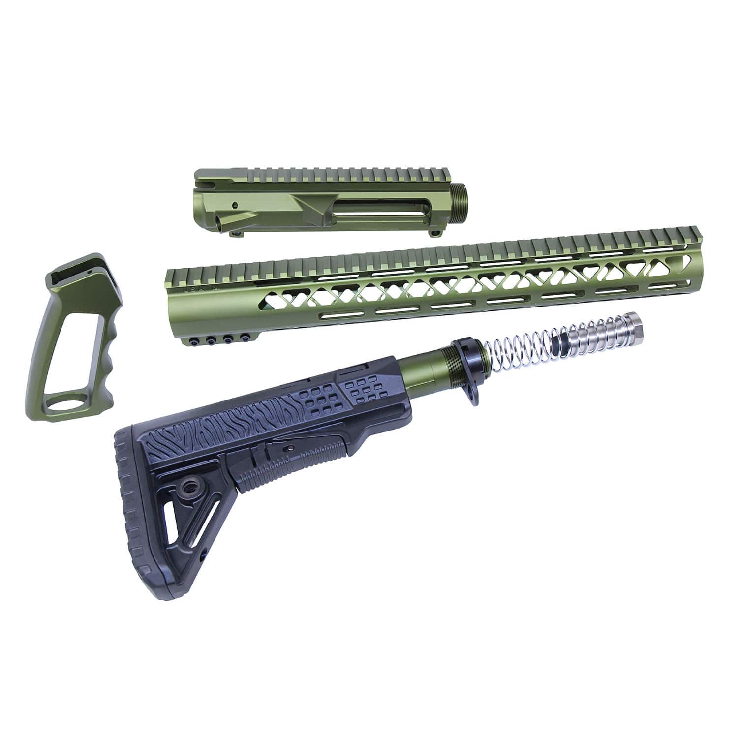 AR .308 furniture set with matching upper receiver in a green anodized finish.