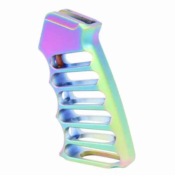 Iridescent pistol grip with colorful finish, ergonomic design, and precision cutouts.