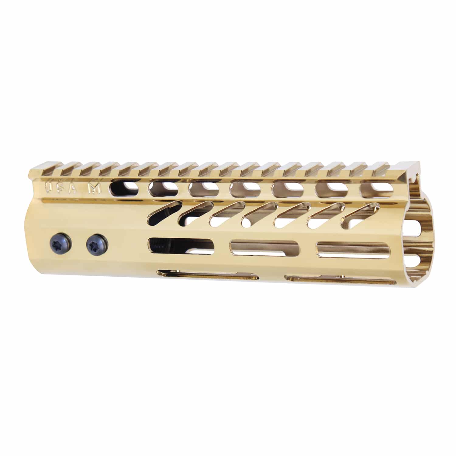 Gold plated 7 inch M-LOK free floating handguard with monolithic top rail and ventilation slots