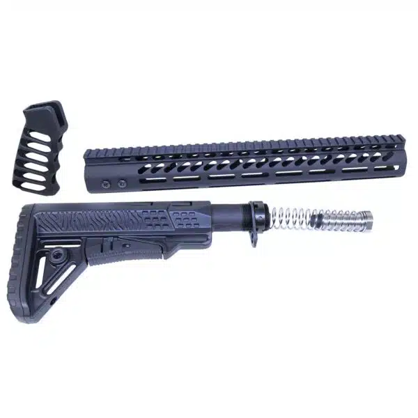 AR .308 rifle kit: handguard, adjustable stock, and vertical foregrip in anodized black.