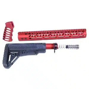 Red anodized AR-15 parts set: handguard, black stock, showcasing modular rifle customization.