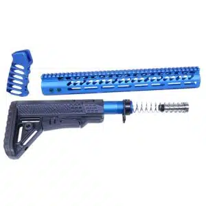 Anodized blue accessories for AR.308: handguard, stock, foregrip, and buffer assembly.