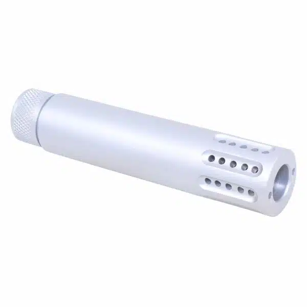 Anodized aluminum fake suppressor with threaded end, for AR .308, ported muzzle brake design.