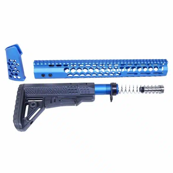 Blue anodized aftermarket rifle parts with honeycomb design for customization.