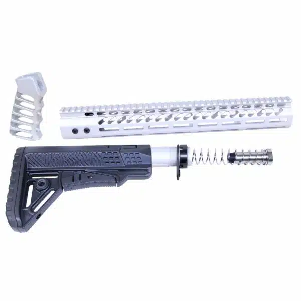 AR-15 aftermarket parts: tactical stock, handguard with accessory slots, springs for recoil management.