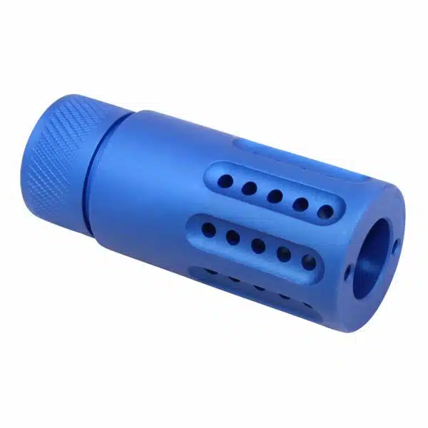 Cobalt blue anodized muzzle brake with ports, enhancing firearm performance and style.